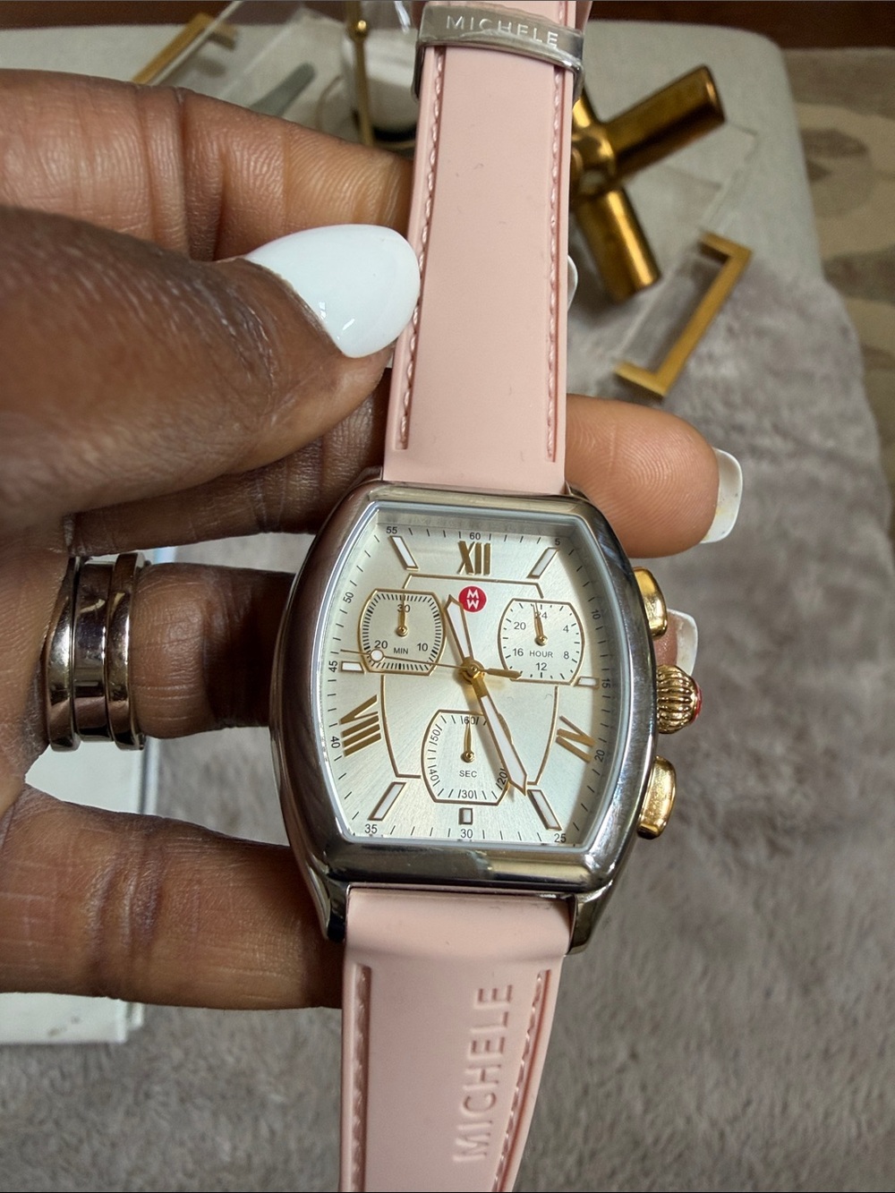 Michele Silver Dial Pink Strap Chronograph Watch
